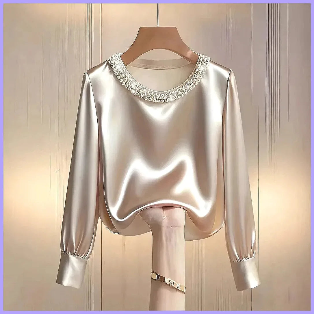 Elegant Beaded Satin Blouse for Women, Loose Fit Long Sleeve Silk Shirt Tops