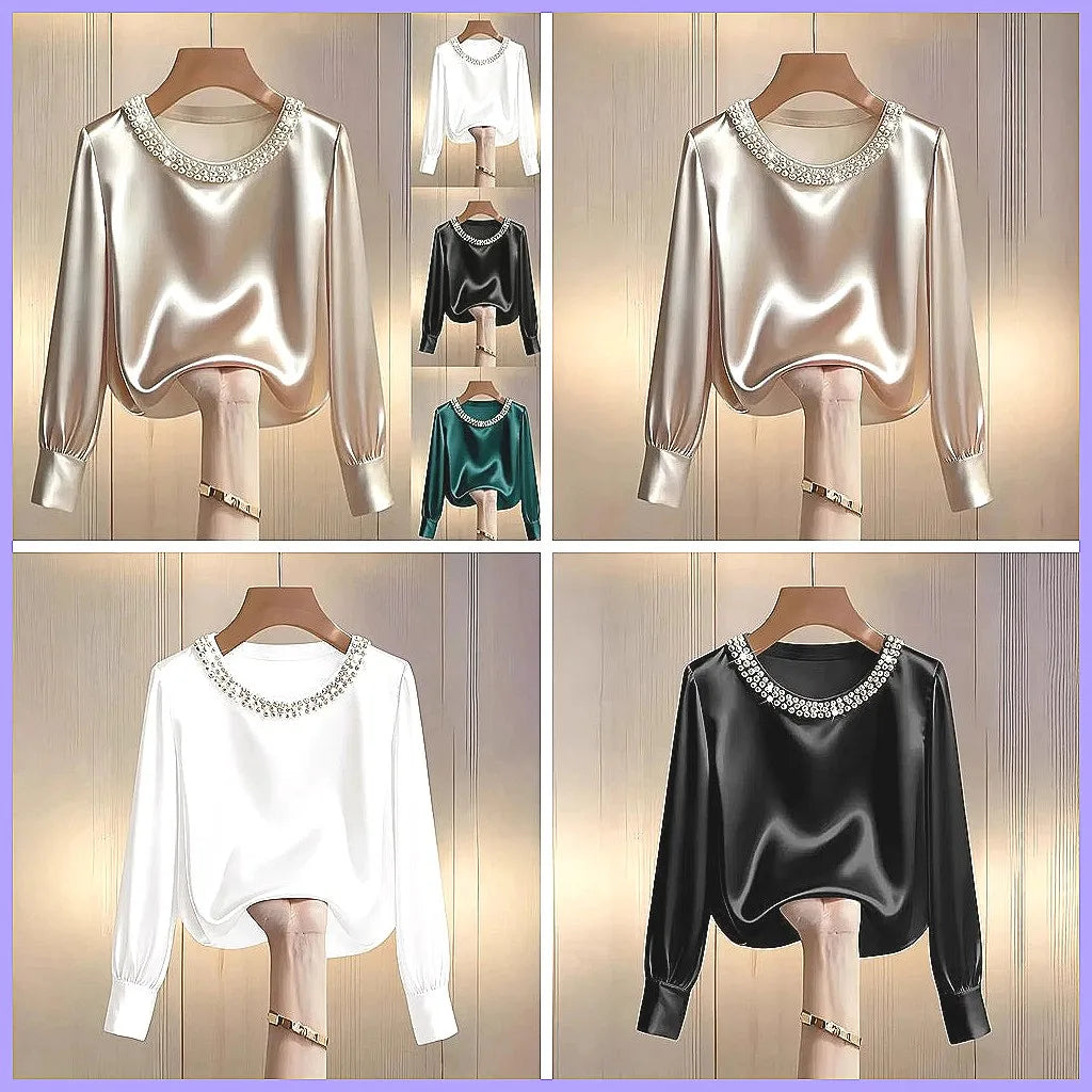 Elegant Beaded Satin Blouse for Women, Loose Fit Long Sleeve Silk Shirt Tops