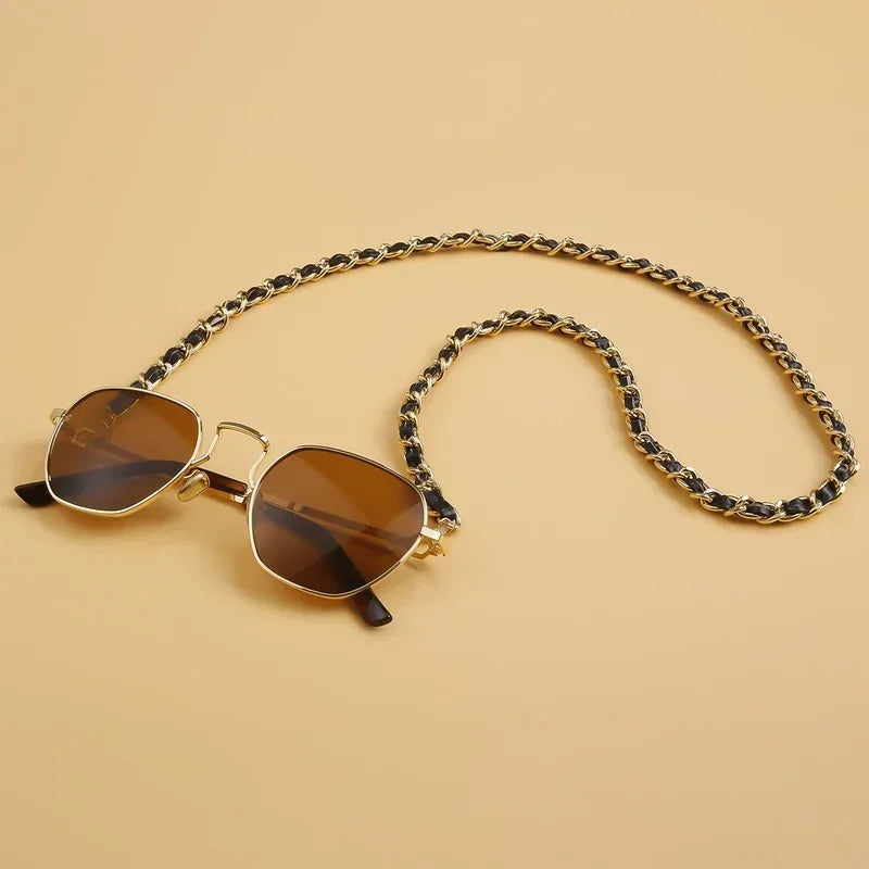 Trendy Luxury Gold Color Glasses Holder Neck Chain Straps Fashion PU Leather Metal Sunglasses Accessories