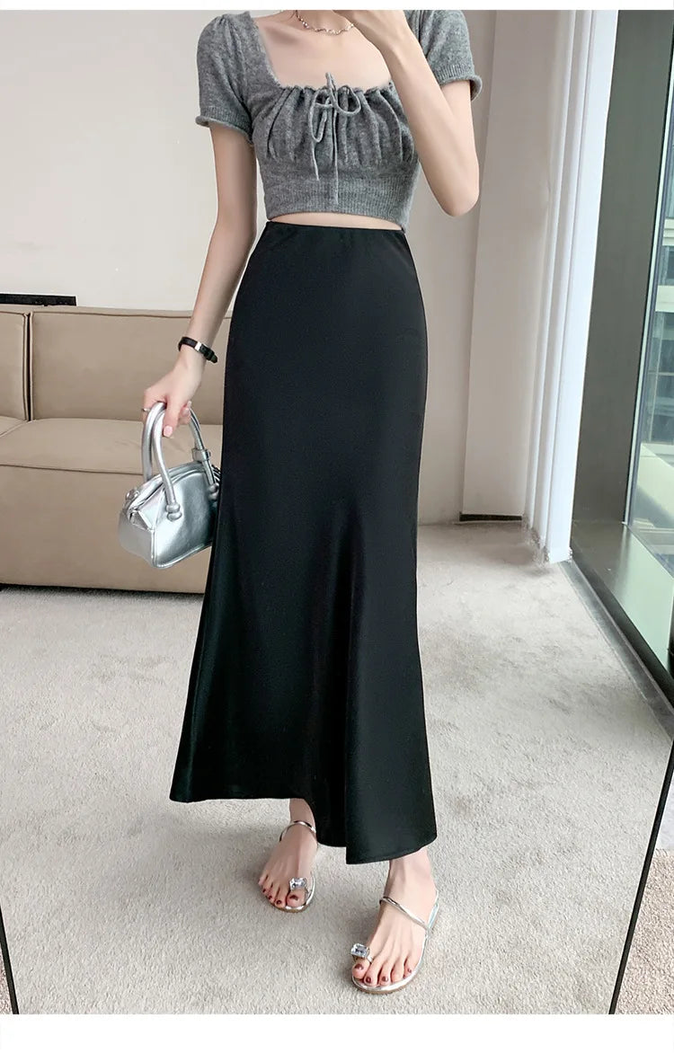 Acetic Satin Fishtail Skirt Woman Korean Fashion Elastic High Waist Skirts for Women Spring/Summer 2024 New Chic Lady Skirts