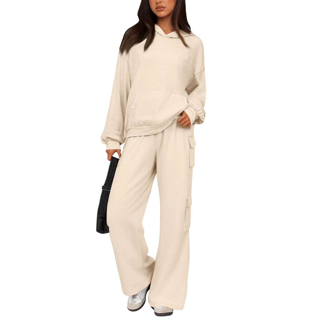 Relaxed Stylish Women Two Piece Set Hoodie Popular Cargo Pocket Wide Leg Pants Trendy Loose Fit Comfy Casual Lounge Outfit