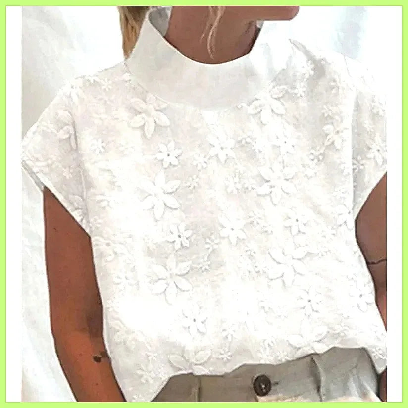 Women's Cotton Linen Pullover Shirt, Elegant Lace Trim Slim Fit Stand Collar Top for Summer Streetwear