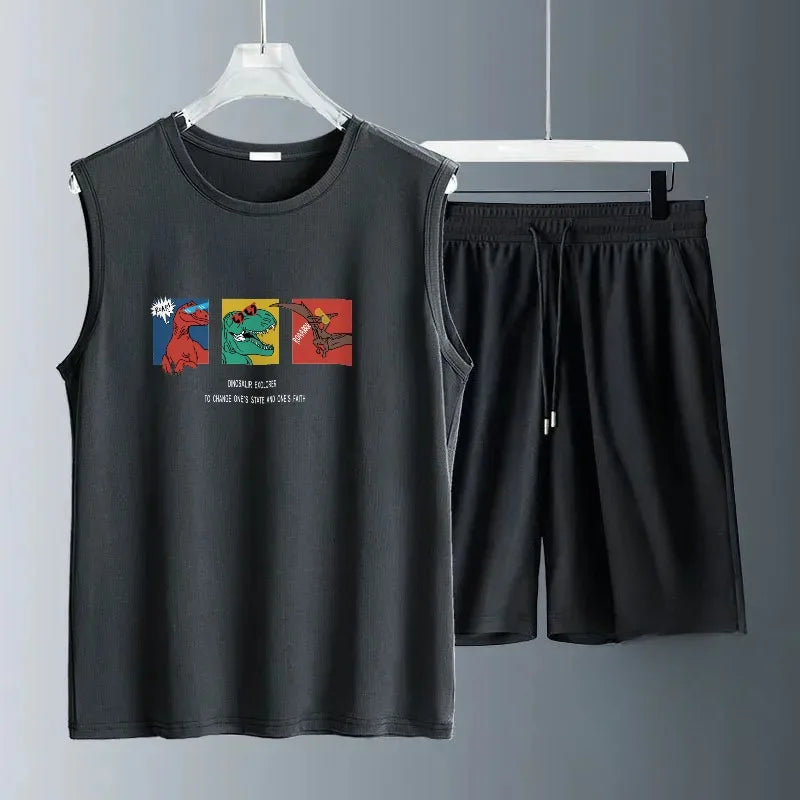 Summer Casual Men's Basketball 2-Piece Set Breathable T-shirt Jogging Shorts Street Sportwear Trendy Thin for Summer