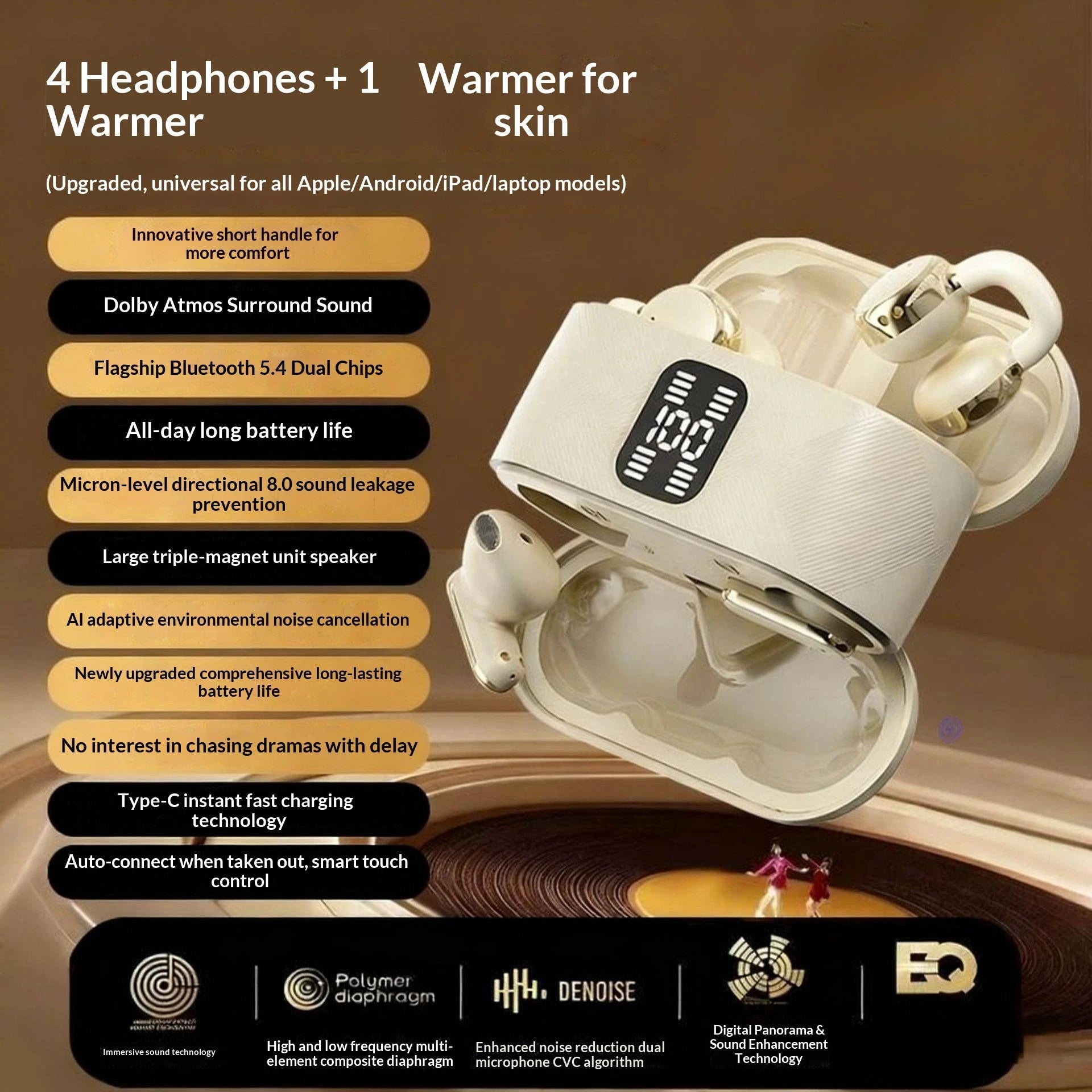 New Q16 In-Ear 2-in-1 Couple Earphones LED Power Display Noise Reduction Long Endurance Fashion Ear-Clip  Headsets For Game