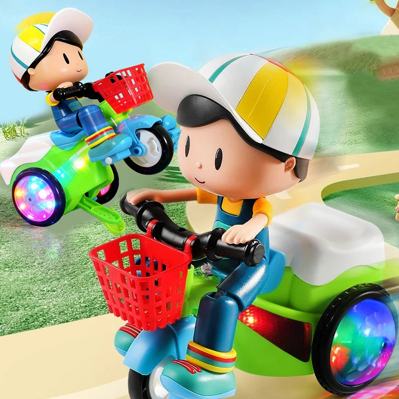 A cute little boy riding a tricycle with electric toys, spinning stunts, sound and light, is the perfect gift for babies