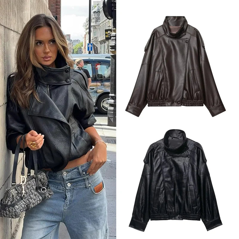 Women's Faux leather Jacket New Fashion Long Sleeve Versatile Jacket Personality Chic Women Coat Autumn Winter Ladies Outerwear