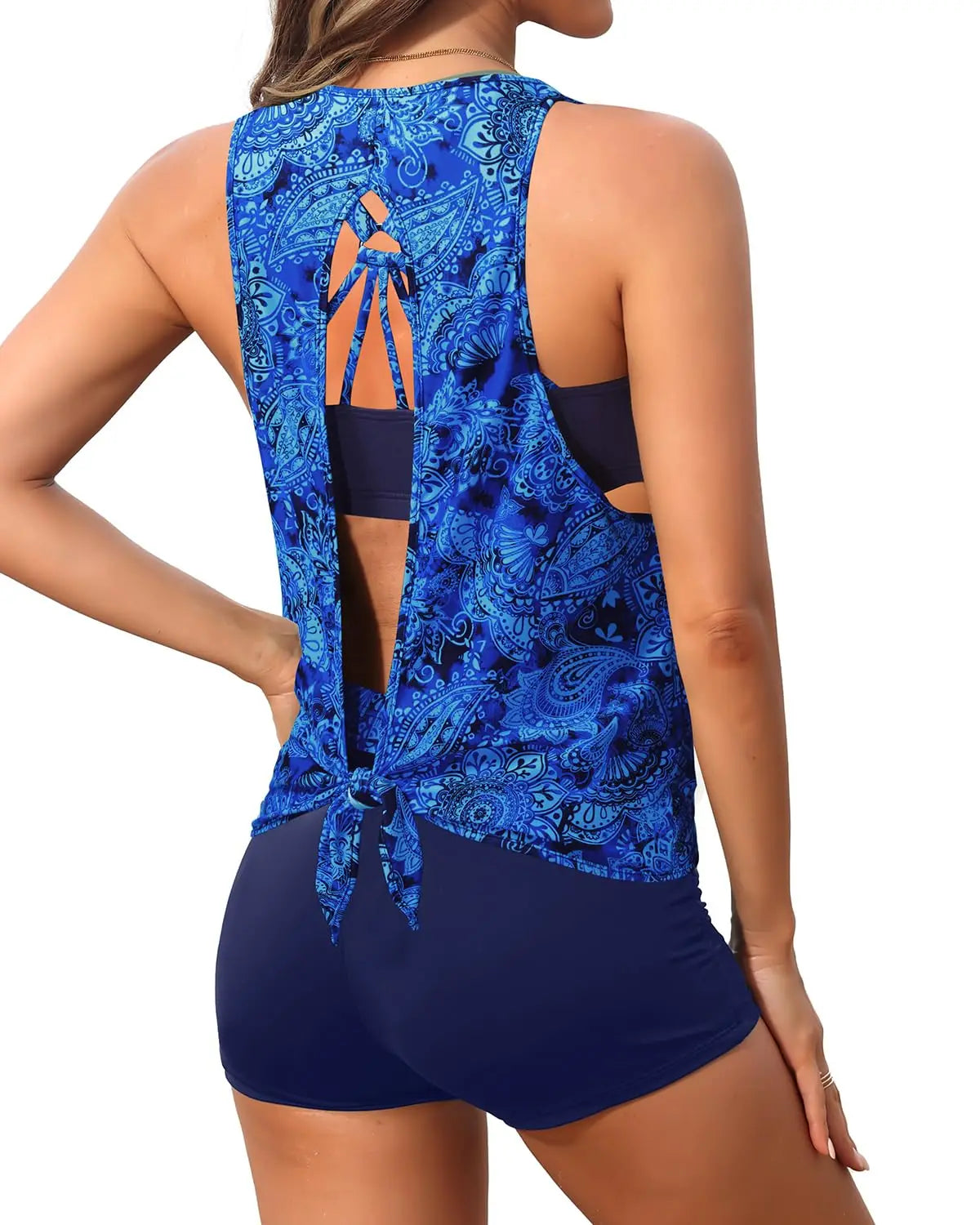 Aqua Eve 3 Piece Tankini Swimsuit for Women Tank Bathing Suit with Shorts Open Back Athletic Swimwear