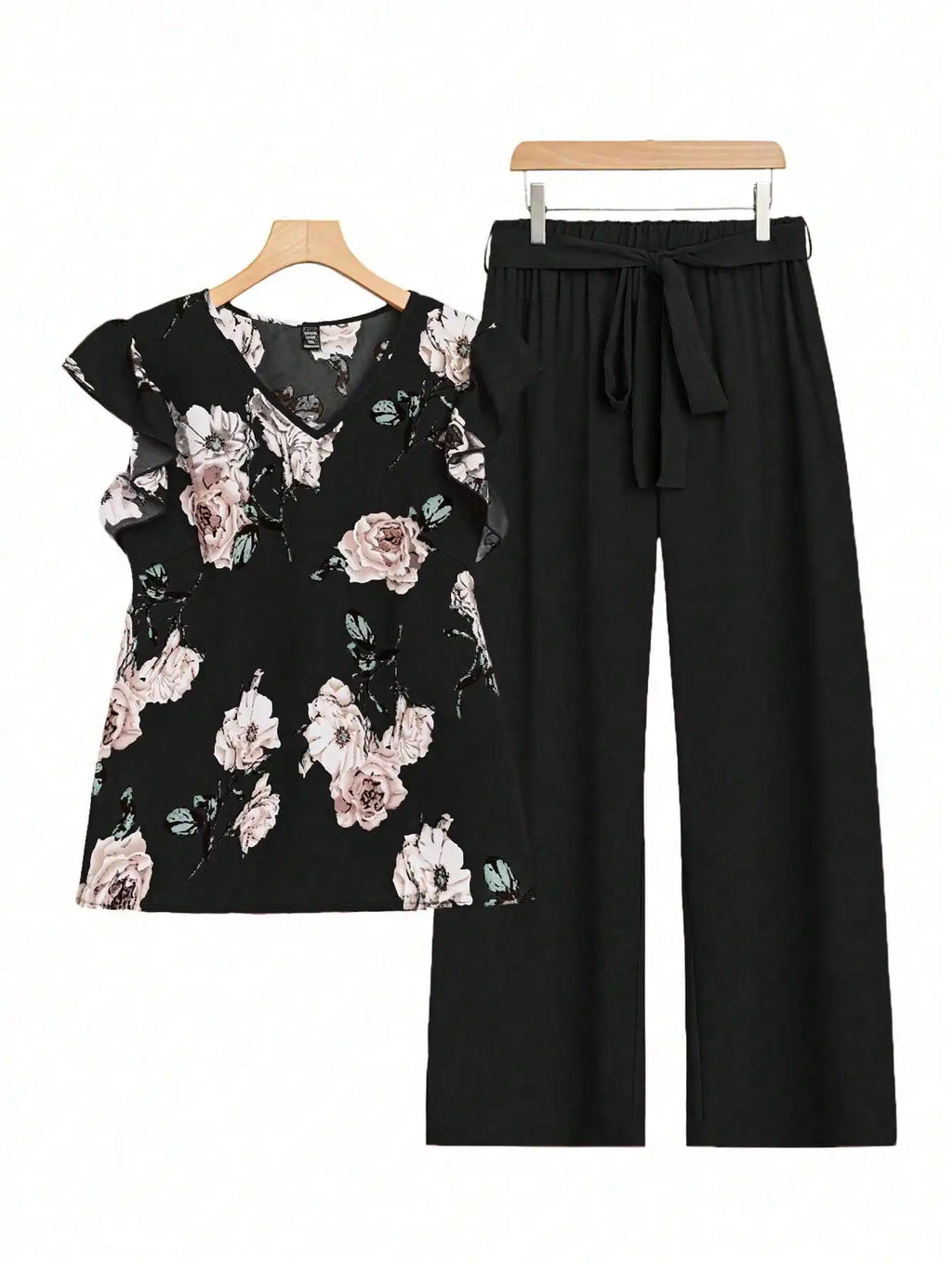 Women's Floral V-Neck Top & Solid Wide-Leg Pants Set with Tie Waist