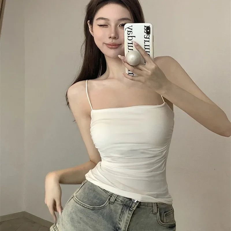 1 Pc Stylish Waist Pleated Corset - Soft support fixed chest pad sleeveless vest Sexy short top with thin straps Solid color