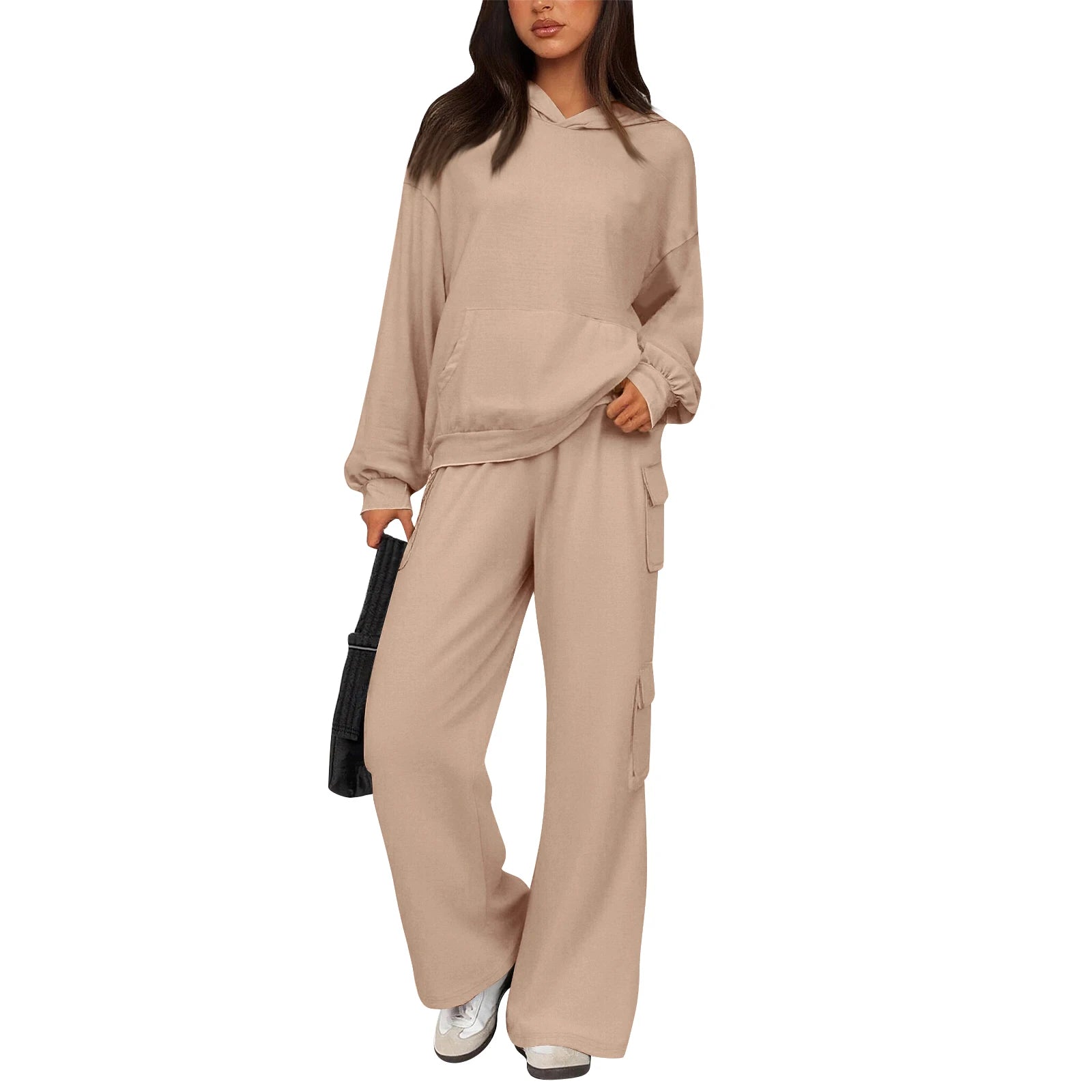 Relaxed Stylish Women Two Piece Set Hoodie Popular Cargo Pocket Wide Leg Pants Trendy Loose Fit Comfy Casual Lounge Outfit