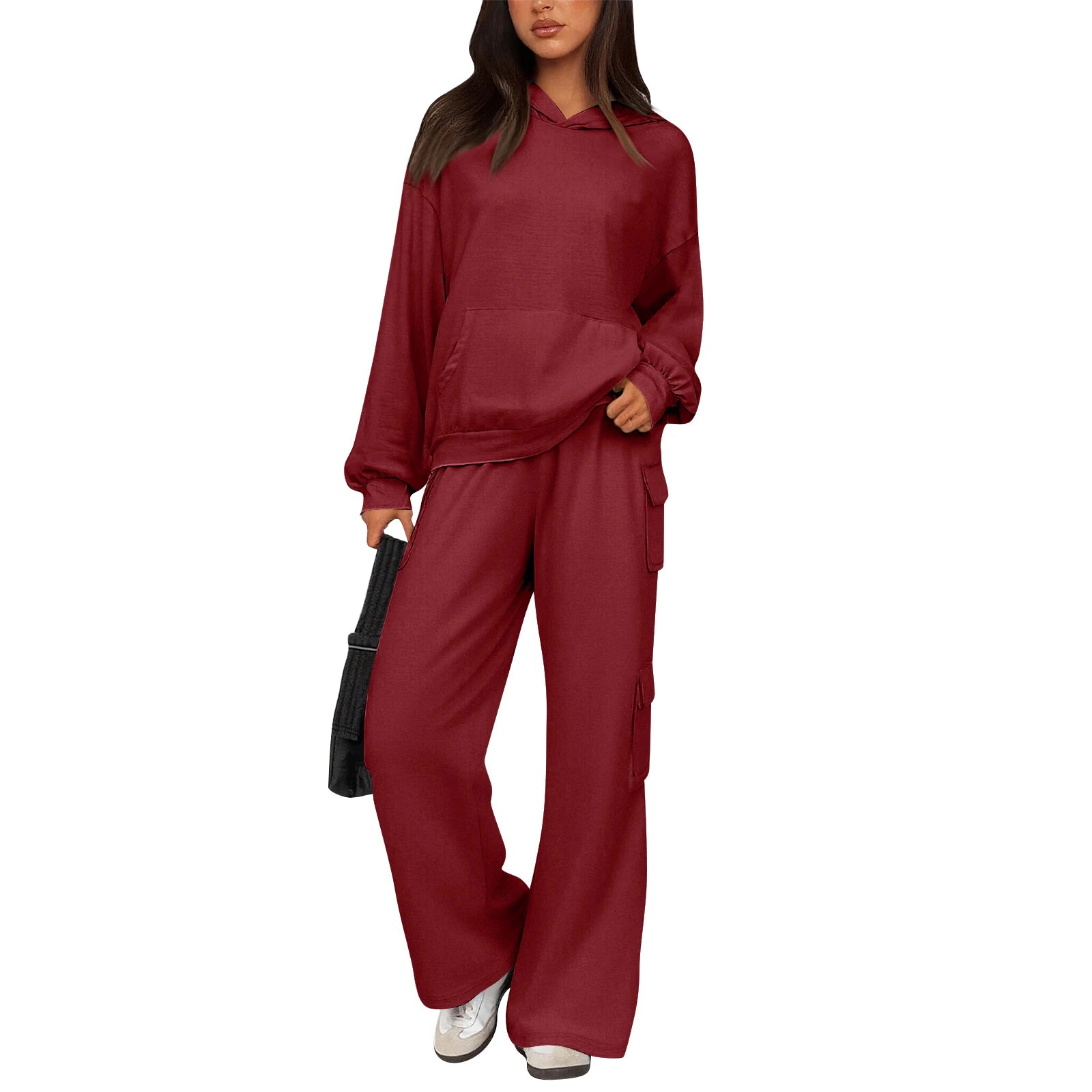 Relaxed Stylish Women Two Piece Set Hoodie Popular Cargo Pocket Wide Leg Pants Trendy Loose Fit Comfy Casual Lounge Outfit