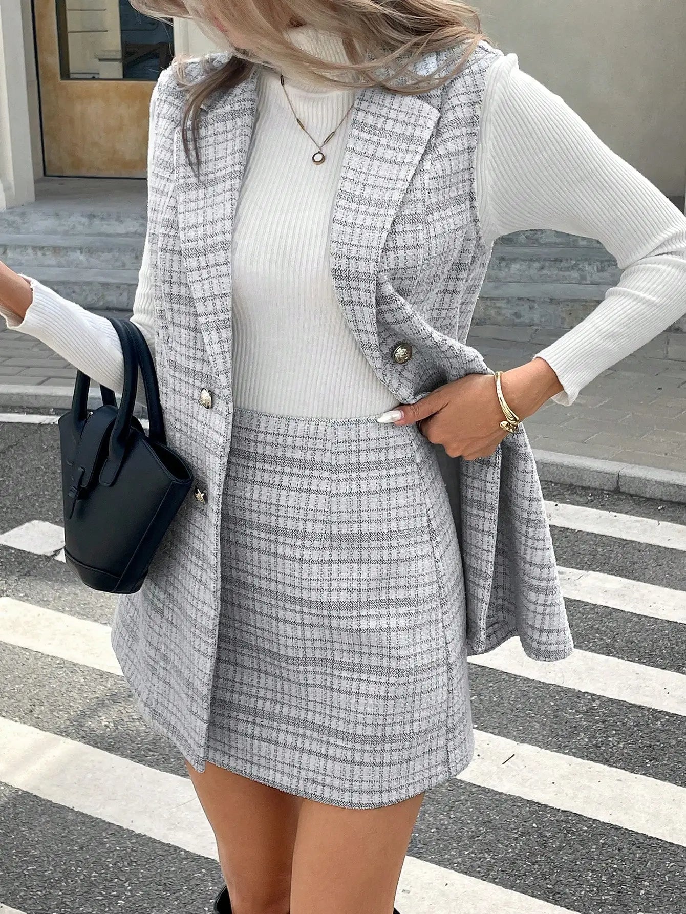 Women's Gray Plaid Tweed Vest & A-Line Skirt 2-Piece Set, Double-Breasted, Office to Casual