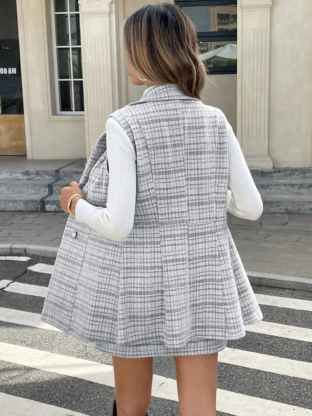 Women's Gray Plaid Tweed Vest & A-Line Skirt 2-Piece Set, Double-Breasted, Office to Casual