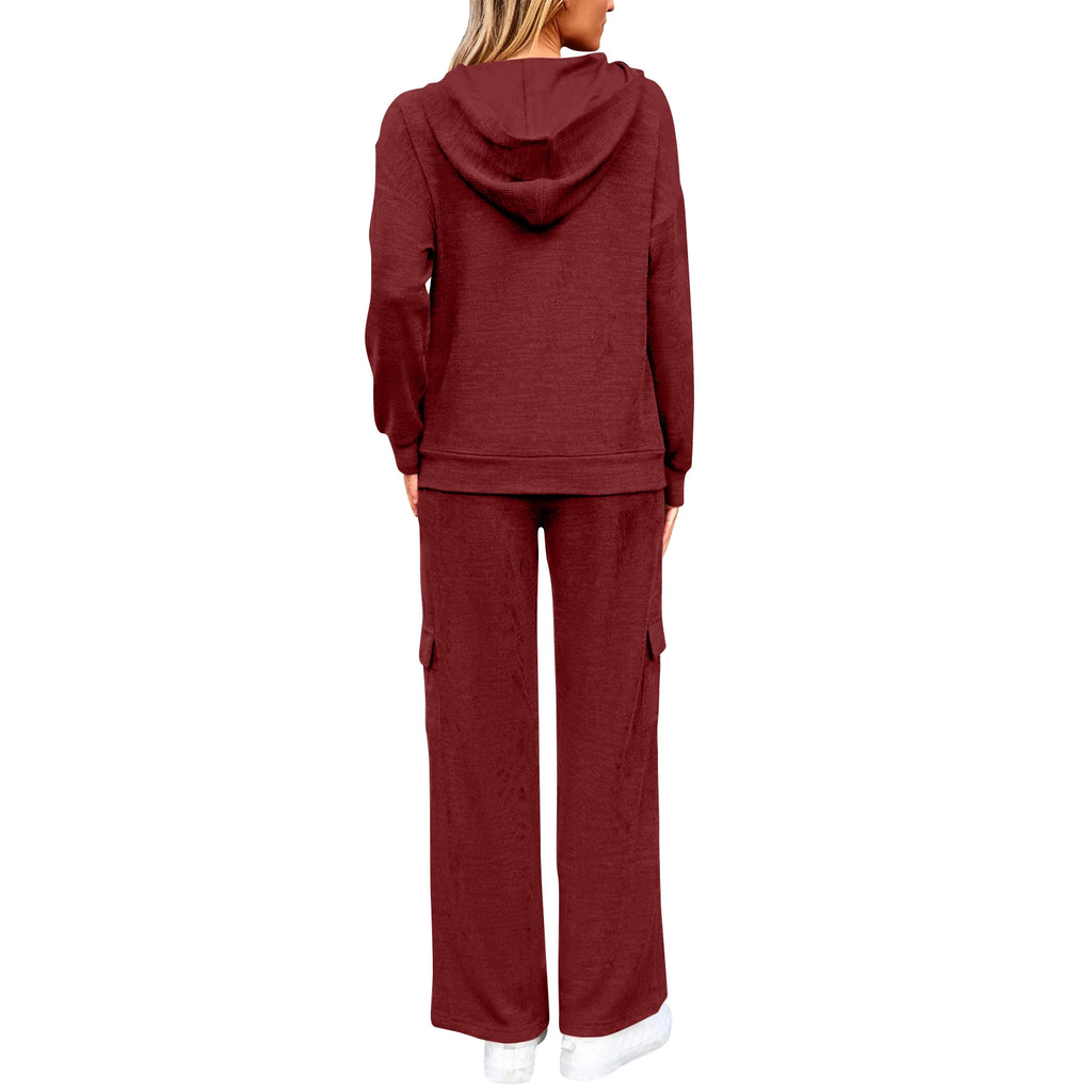 Relaxed Stylish Women Two Piece Set Hoodie Popular Cargo Pocket Wide Leg Pants Trendy Loose Fit Comfy Casual Lounge Outfit