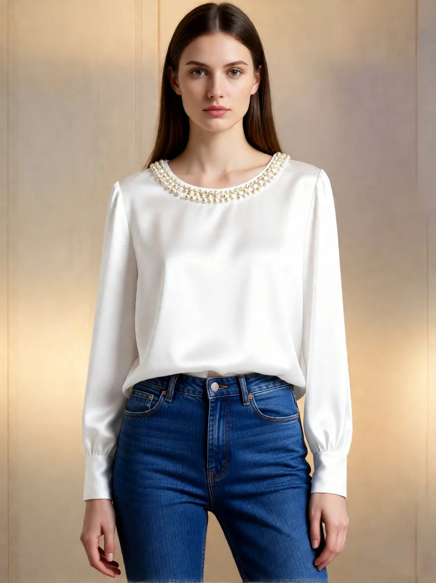 Elegant Beaded Satin Blouse for Women, Loose Fit Long Sleeve Silk Shirt Tops