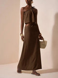 One-Shoulder Linen Two-Piece Set with Asymmetrical Waist, Beige Summer Outfit for Casual & Vacation