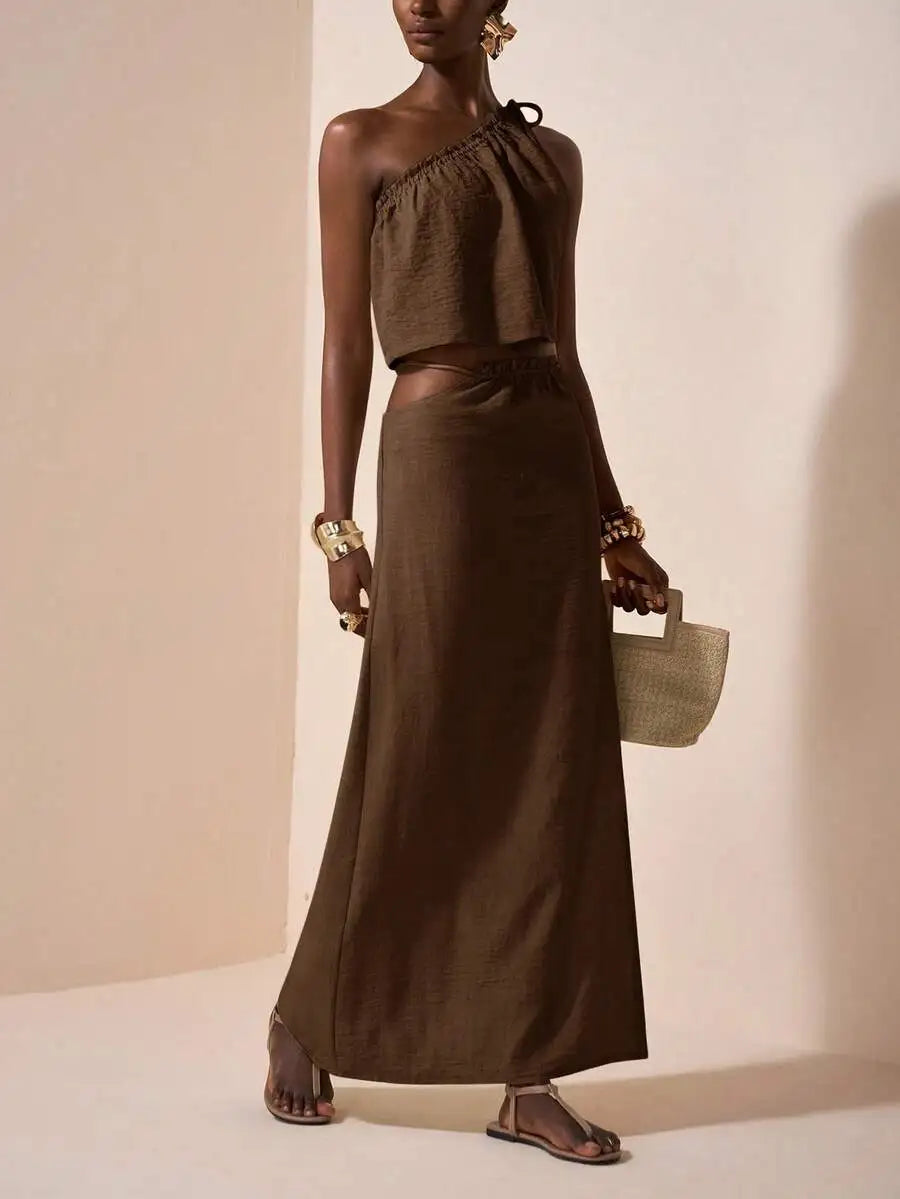 One-Shoulder Linen Two-Piece Set with Asymmetrical Waist, Beige Summer Outfit for Casual & Vacation