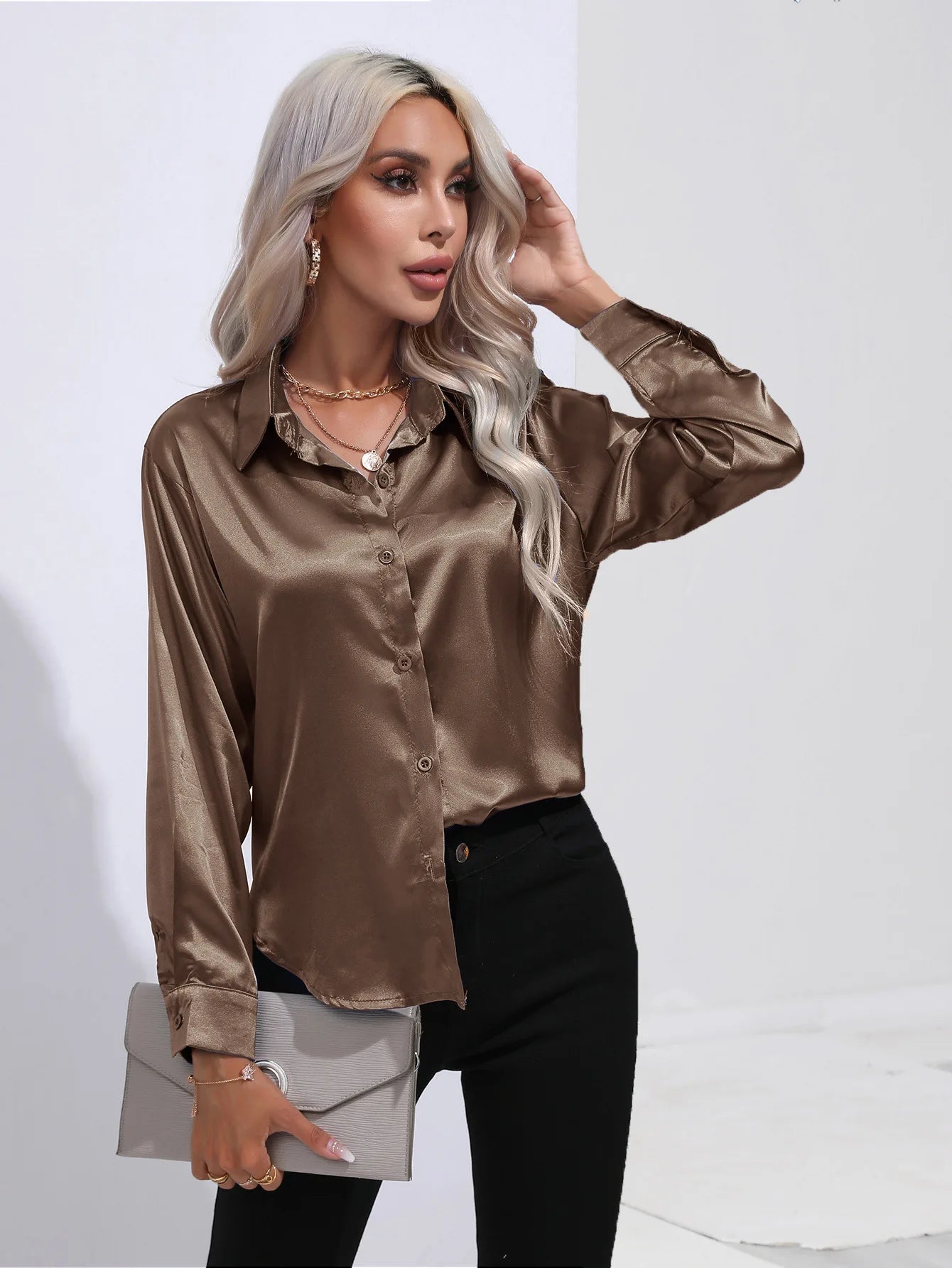 2025 Spring Summer Satin Shirt for Women, V-Neck Long Sleeve Silk Blouse Loose Office Shirt in Black White