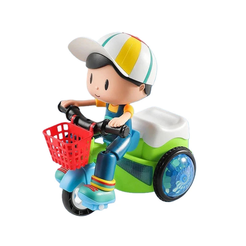 A cute little boy riding a tricycle with electric toys, spinning stunts, sound and light, is the perfect gift for babies