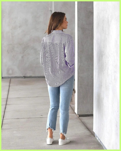 2025 New Striped Oversized Cotton Top, Elegant Lapel Long Sleeve Loose Casual Blouse for Women