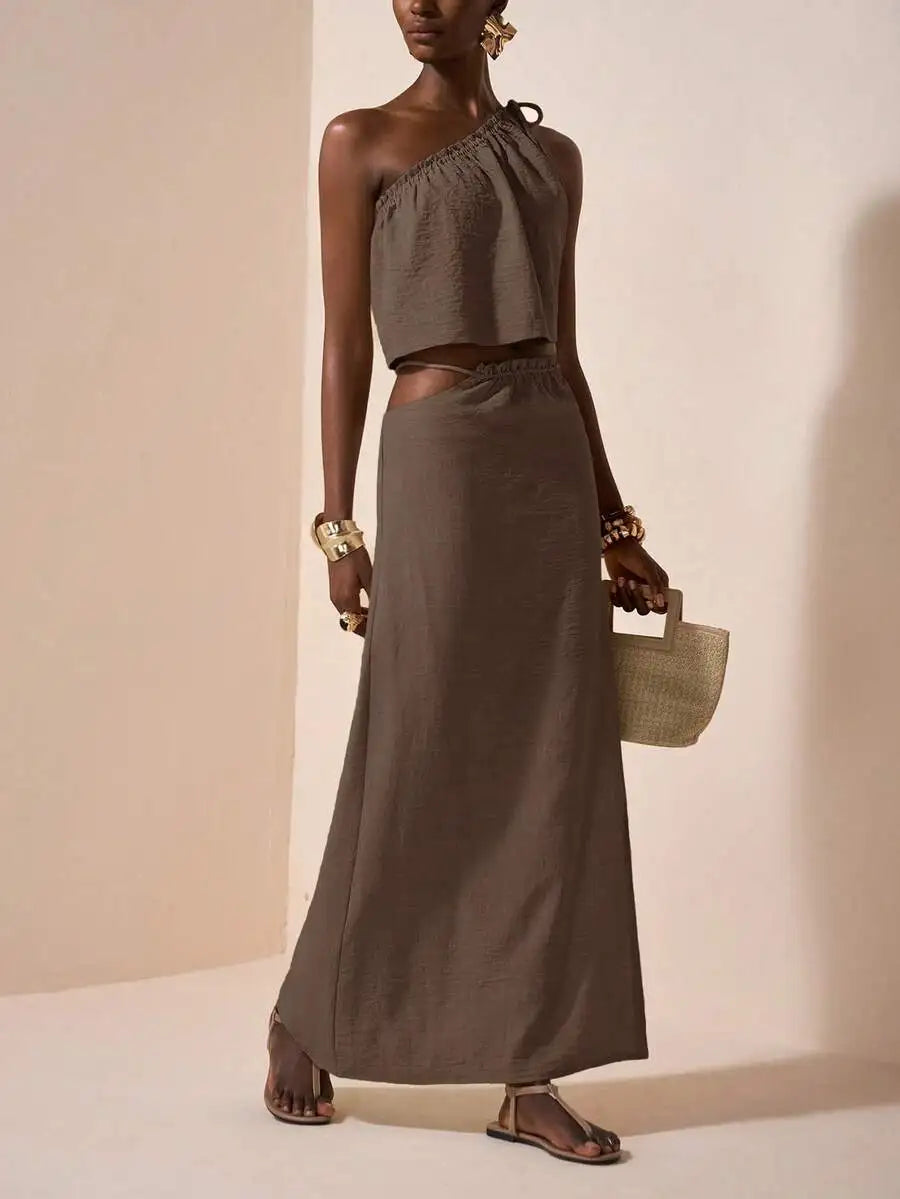 One-Shoulder Linen Two-Piece Set with Asymmetrical Waist, Beige Summer Outfit for Casual & Vacation