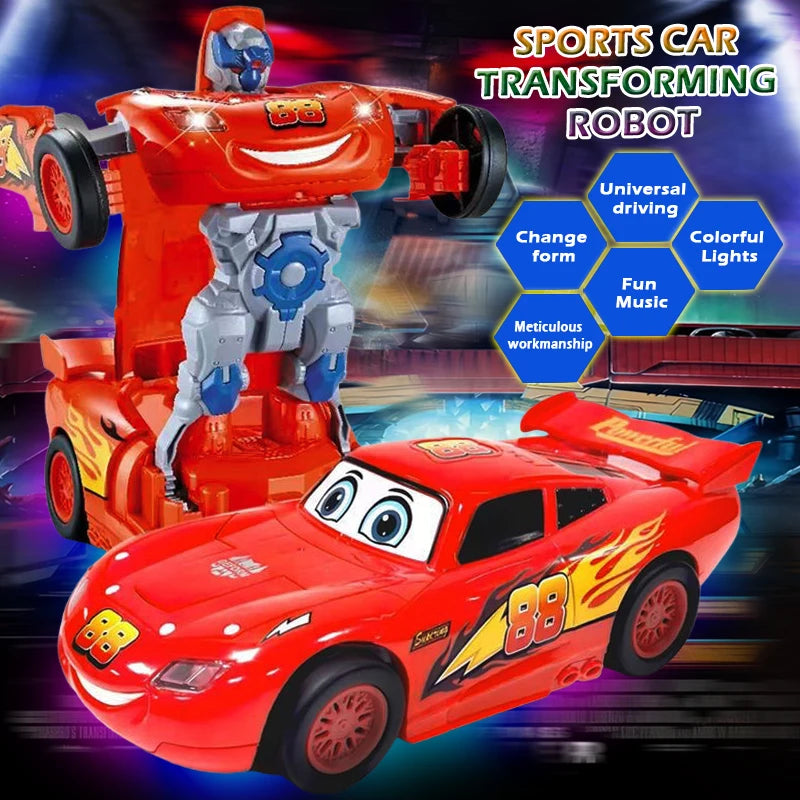Red racing car transformation robot electric toy, automatic conversion, universal sound and light, perfect baby gift