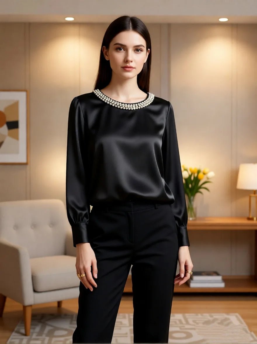 Elegant Beaded Satin Blouse for Women, Loose Fit Long Sleeve Silk Shirt Tops