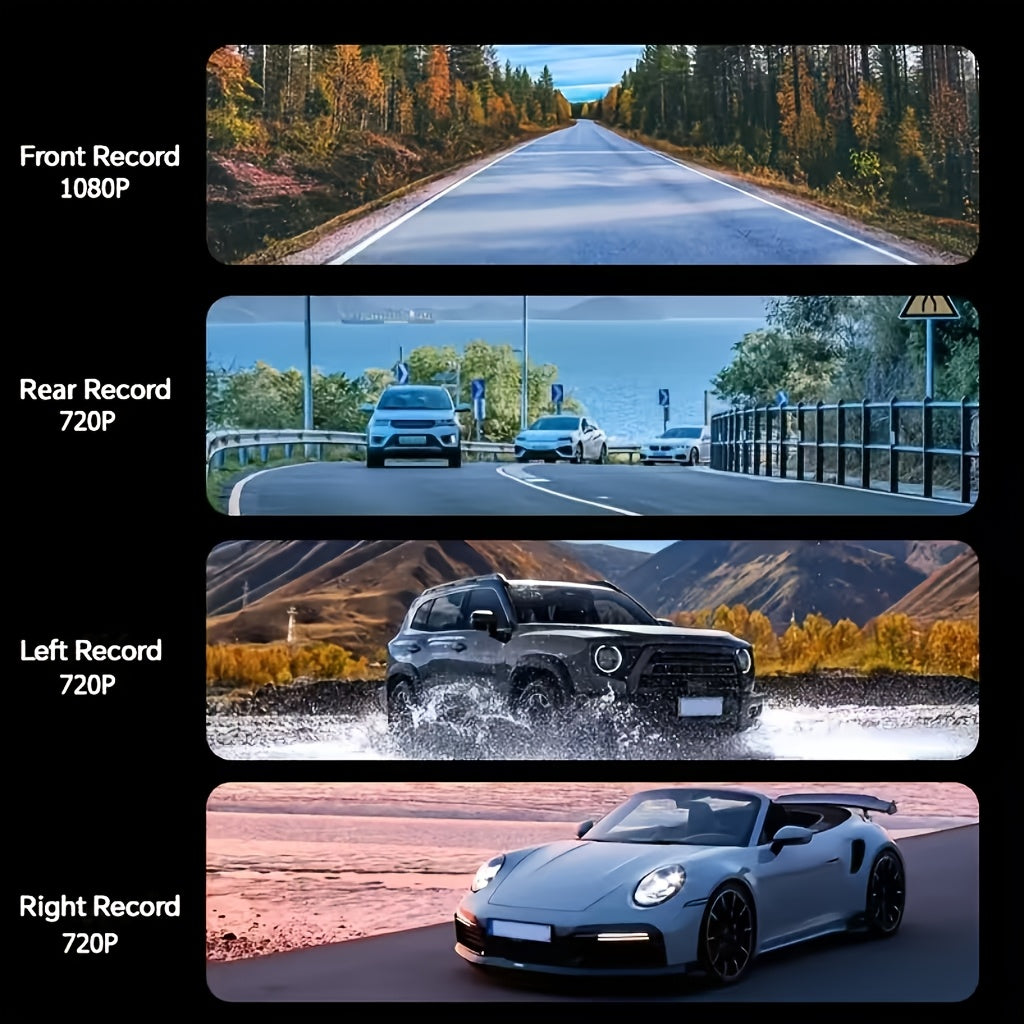 1pc BCUOZ 4-Lens HD Dash Cam, Full Car DVR Recorder with 2" LCD Display, Night Vision, Loop Recording, Motion Detection, Driver Side Auto Orientation, 5V Plug-in, Push Button Control, 1080p Video, 150mAh Rechargeable Battery,
