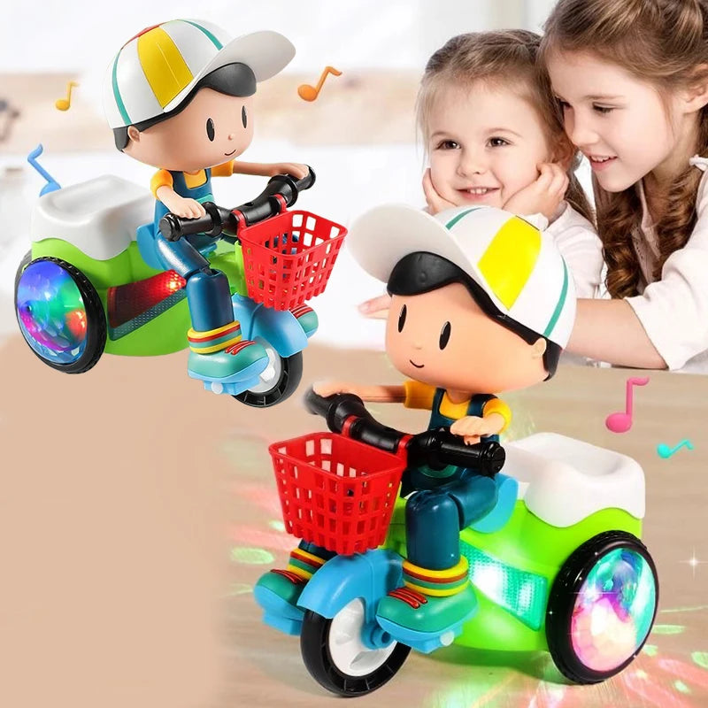 A cute little boy riding a tricycle with electric toys, spinning stunts, sound and light, is the perfect gift for babies
