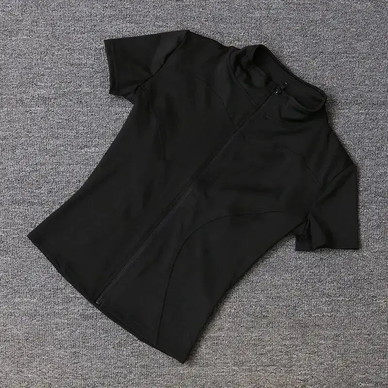 Summer Solid Zipper Slimming Coat Women Short Sleeve Stand Collar Cycling Running Tops Female Gym Sports Workout Clothes Street
