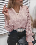 Elegant White Lace Hollow Panel Long Sleeve Blouse for Women, Office Lady Solid Top