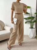 Beige 2-Piece Set: Cropped Short Sleeve Top & Wide Leg Pants