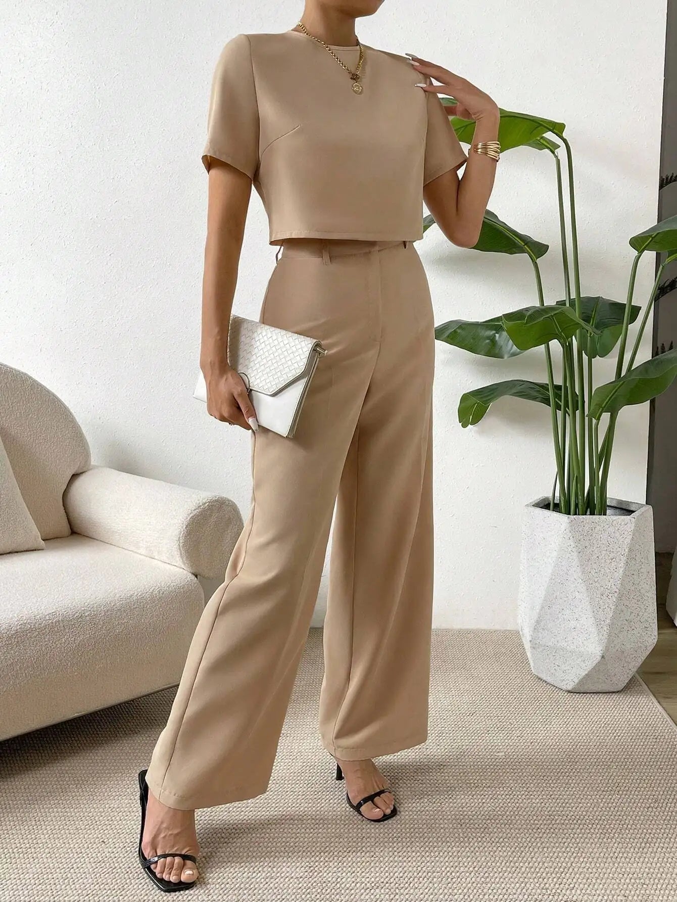 Beige 2-Piece Set: Cropped Short Sleeve Top & Wide Leg Pants