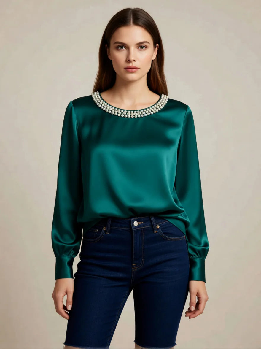 Elegant Beaded Satin Blouse for Women, Loose Fit Long Sleeve Silk Shirt Tops